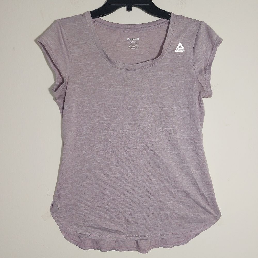 Reebok Women's Short Sleeve Active Gym Running Yoga T Shirt Heathered Lilac EUC - Picture 3 of 7